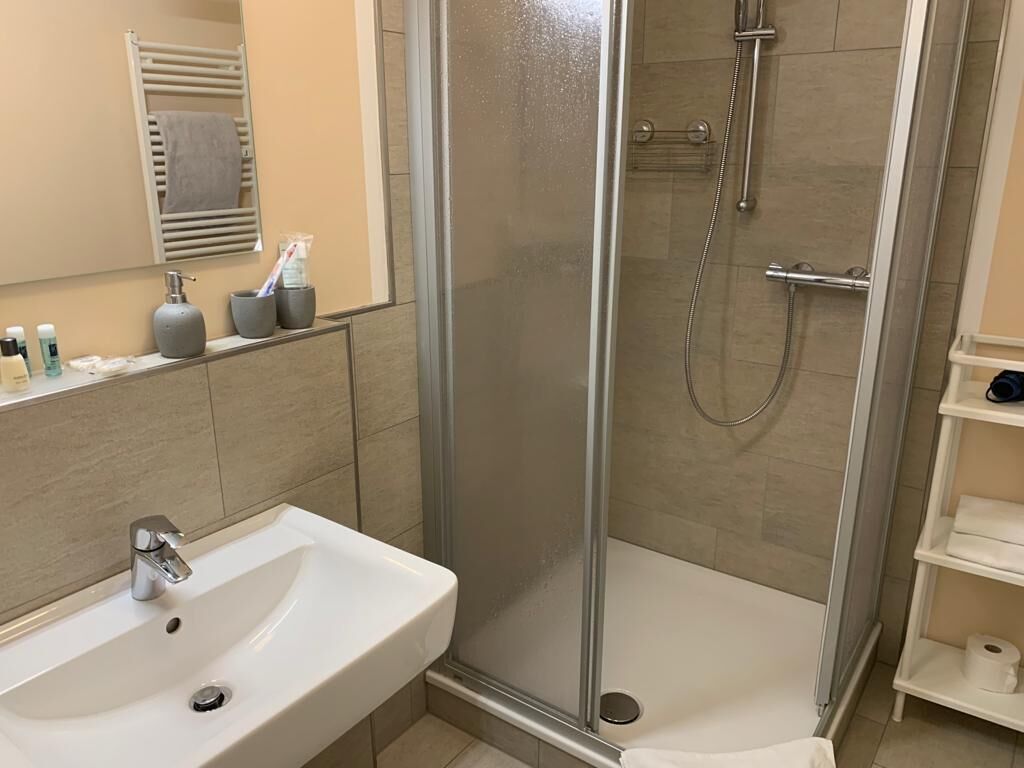shower, free toiletries, hair dryer, towels