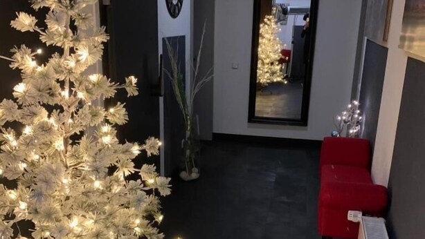 Un pasillo con un árbol de Navidad artificial blanco, una silla roja y un radiador.