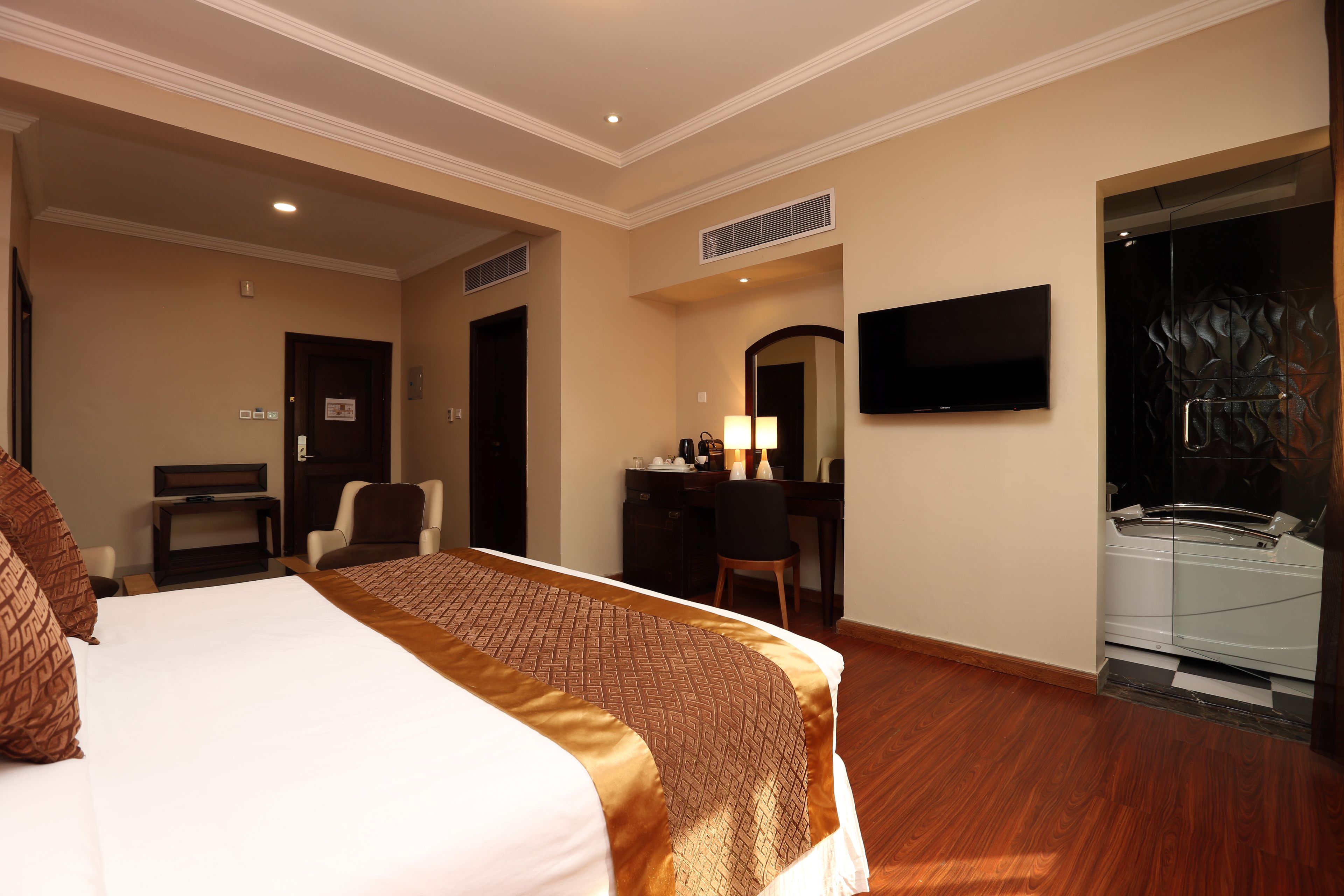 A hotel room with a large bed, a desk with a chair, a television mounted on the wall, and a shower area.