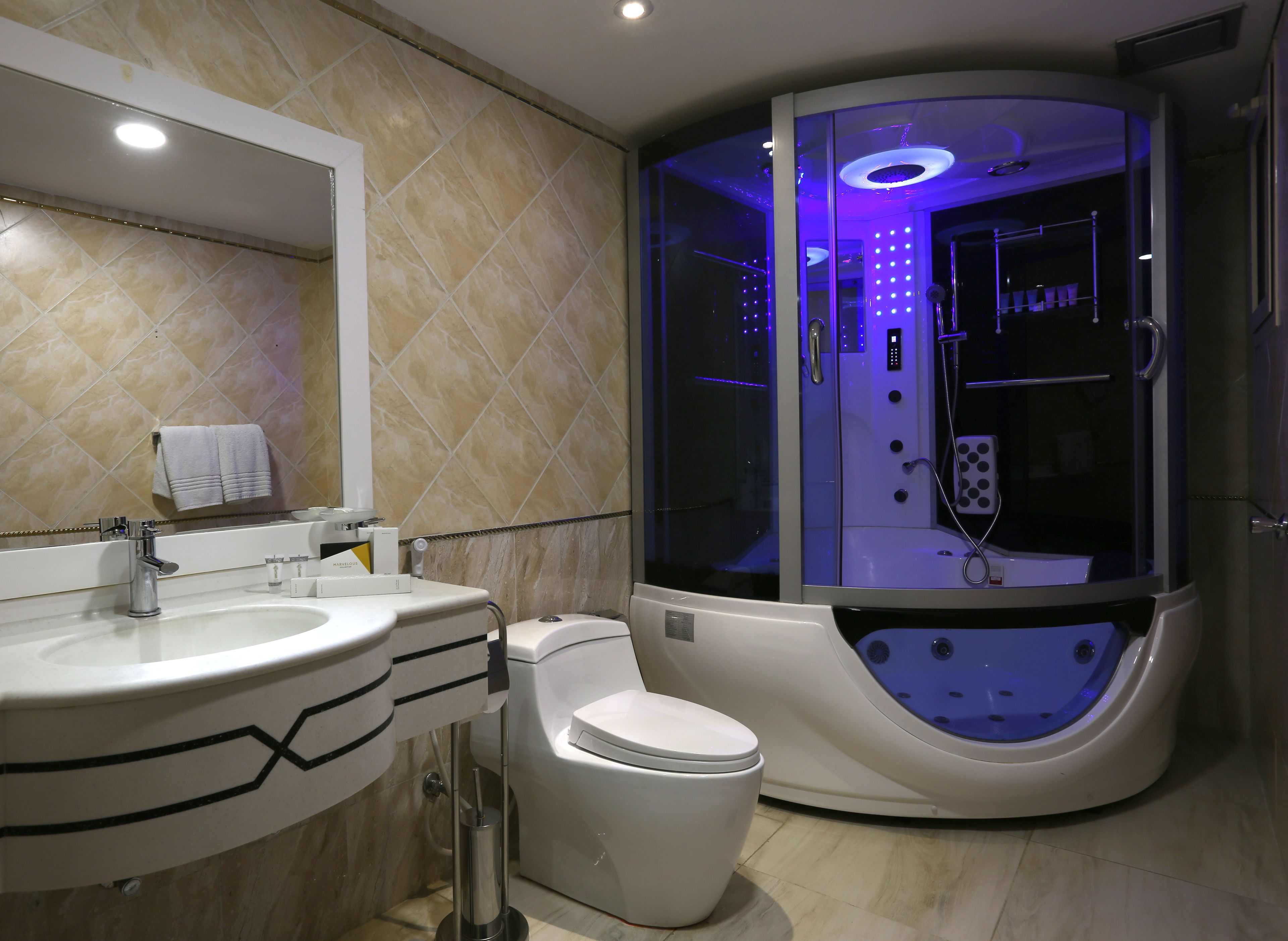 Combined shower/tub, deep soaking tub, free toiletries, hair dryer