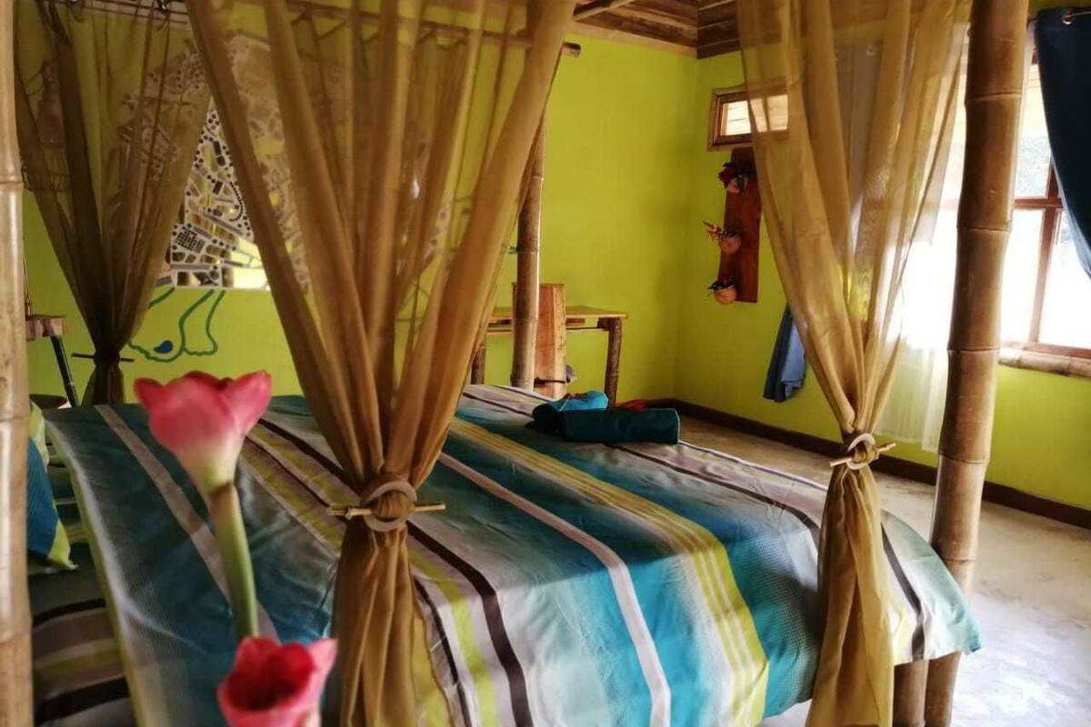 A room with a bed covered by a striped bedspread, a canopy bed with curtains tied at the corners, and a green wall with a window.