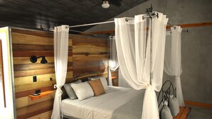Una cama con dosel, paneles de madera en la pared, una mesita de noche y un velador.