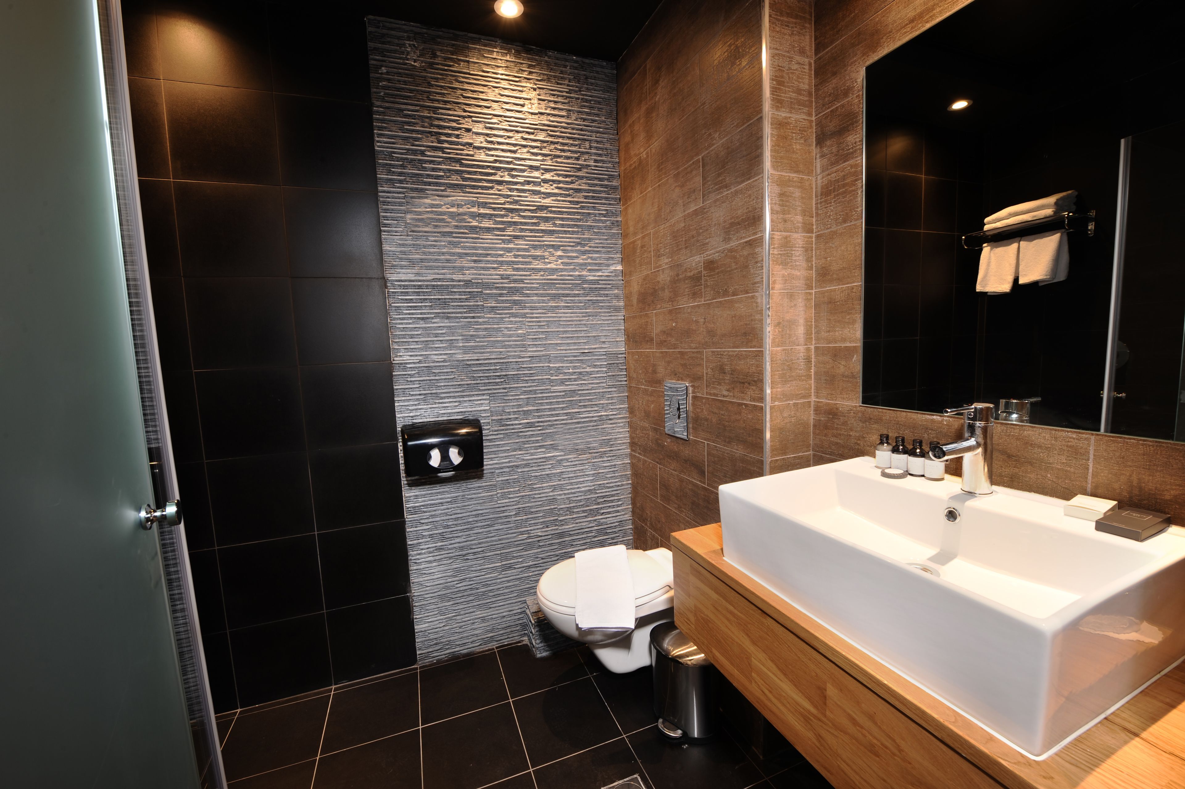A modern bathroom with a large white sink, a glass shower enclosure, and a toilet.