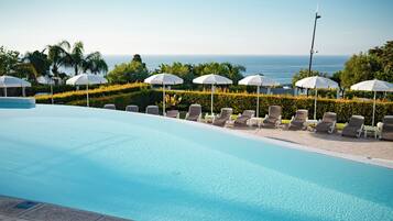 A pool area with lounge chairs and umbrellas, a clear view of the ocean, and well-maintained landscaping.