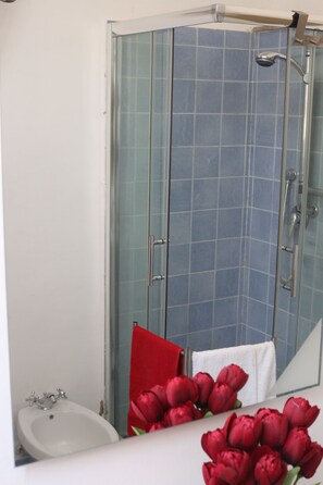 Casa de banho com cabine de chuveiro envidraçada, lavatório branco e espelho a refletir tulipas vermelhas.