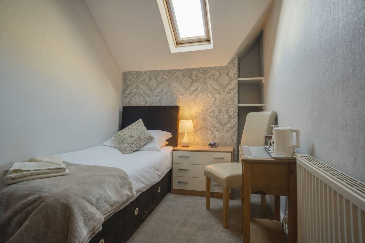A bedroom with a bed, a desk, a chair, a nightstand, a lamp, a radiator, and a skylight.