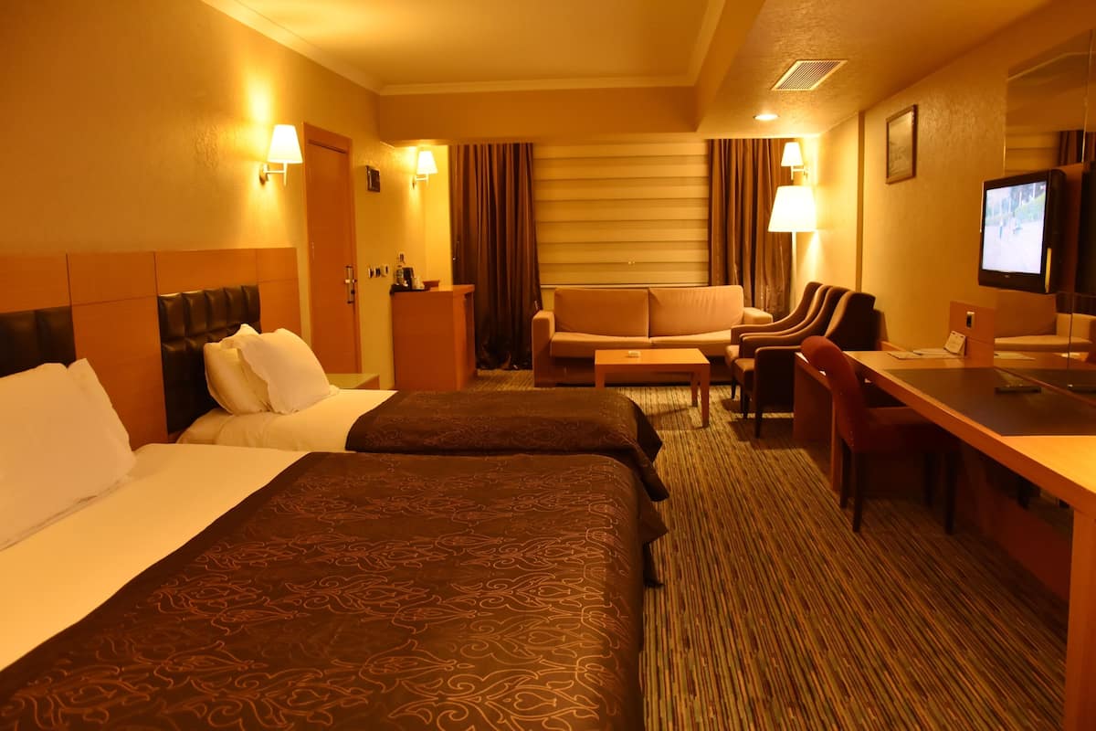 A hotel room with two beds, a sofa, a desk, a television, and a window with curtains.