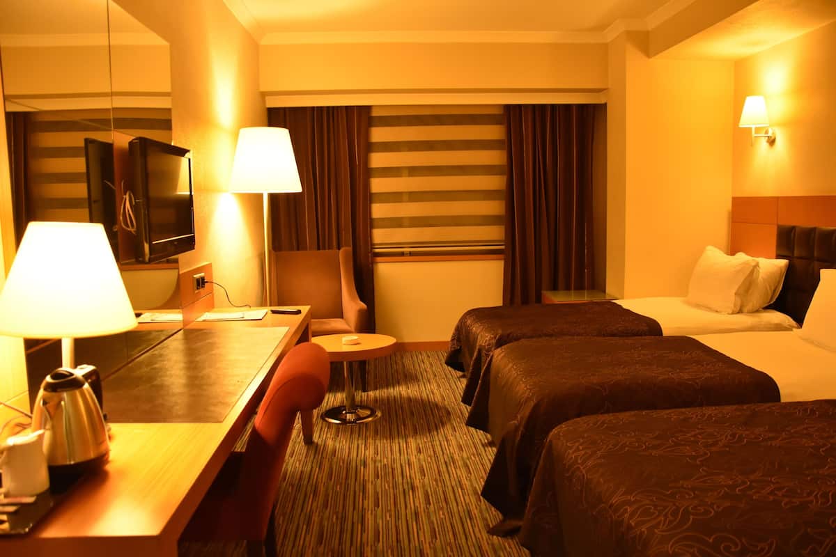 A hotel room with a desk, two beds, a TV, and a lamp.