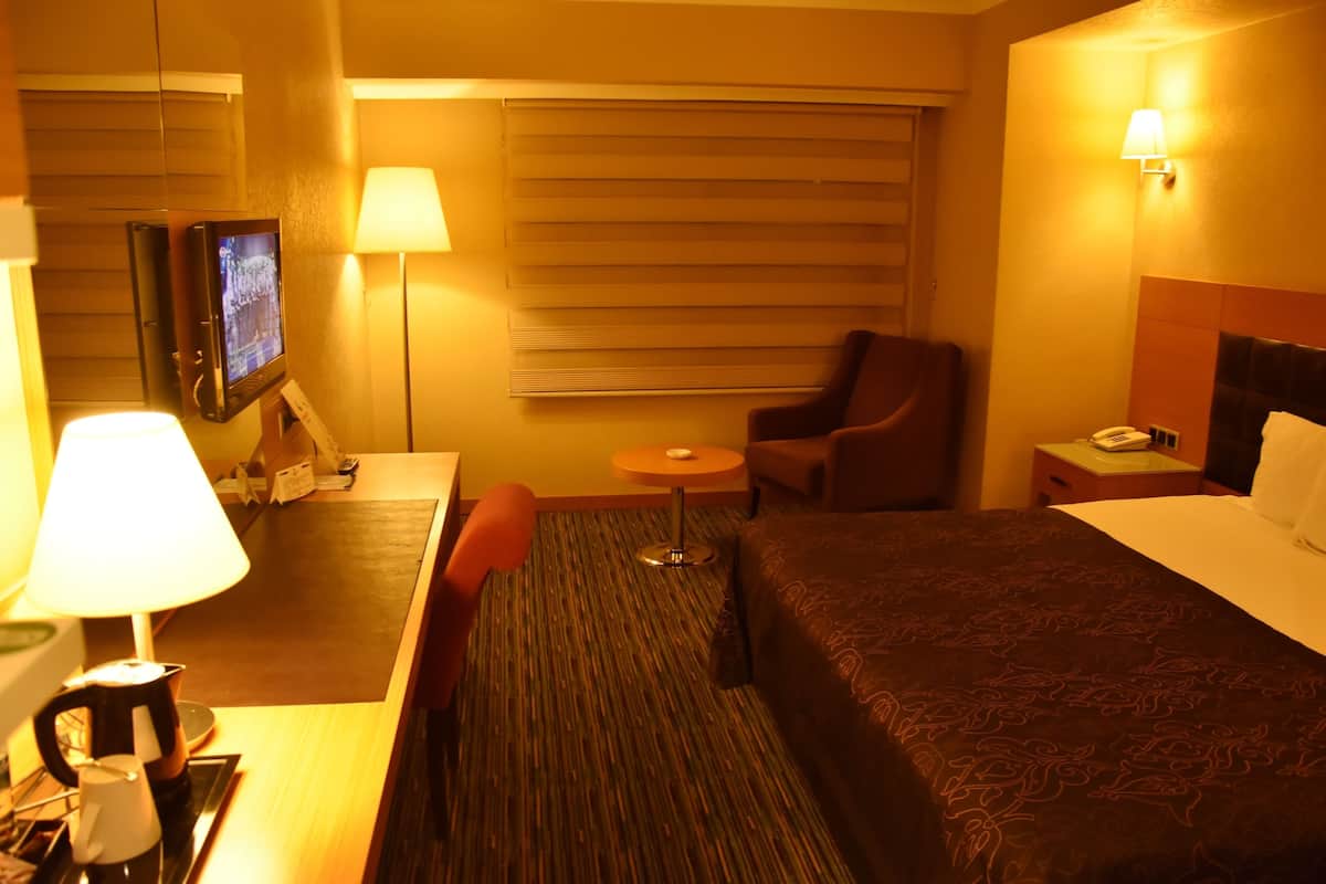 A hotel room with a bed, a desk with a lamp, a chair, a television, a small table, and a window with blinds.