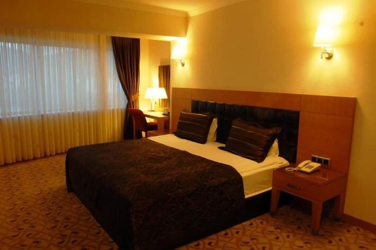 A hotel room with a large bed, a bedside table with a lamp, a telephone, and a window with curtains.