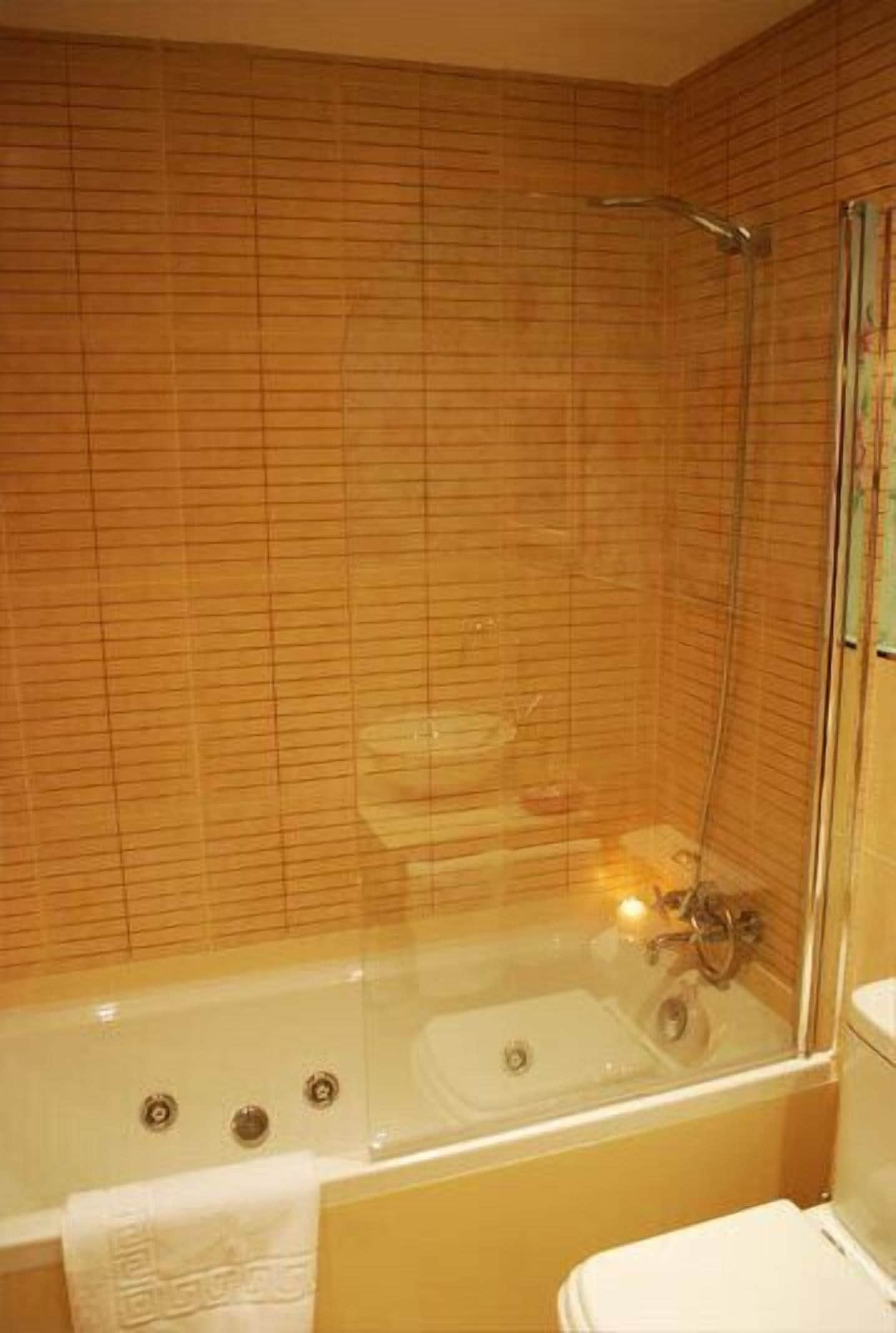 Une salle de bain avec une douche à parois de verre, une baignoire et des toilettes.