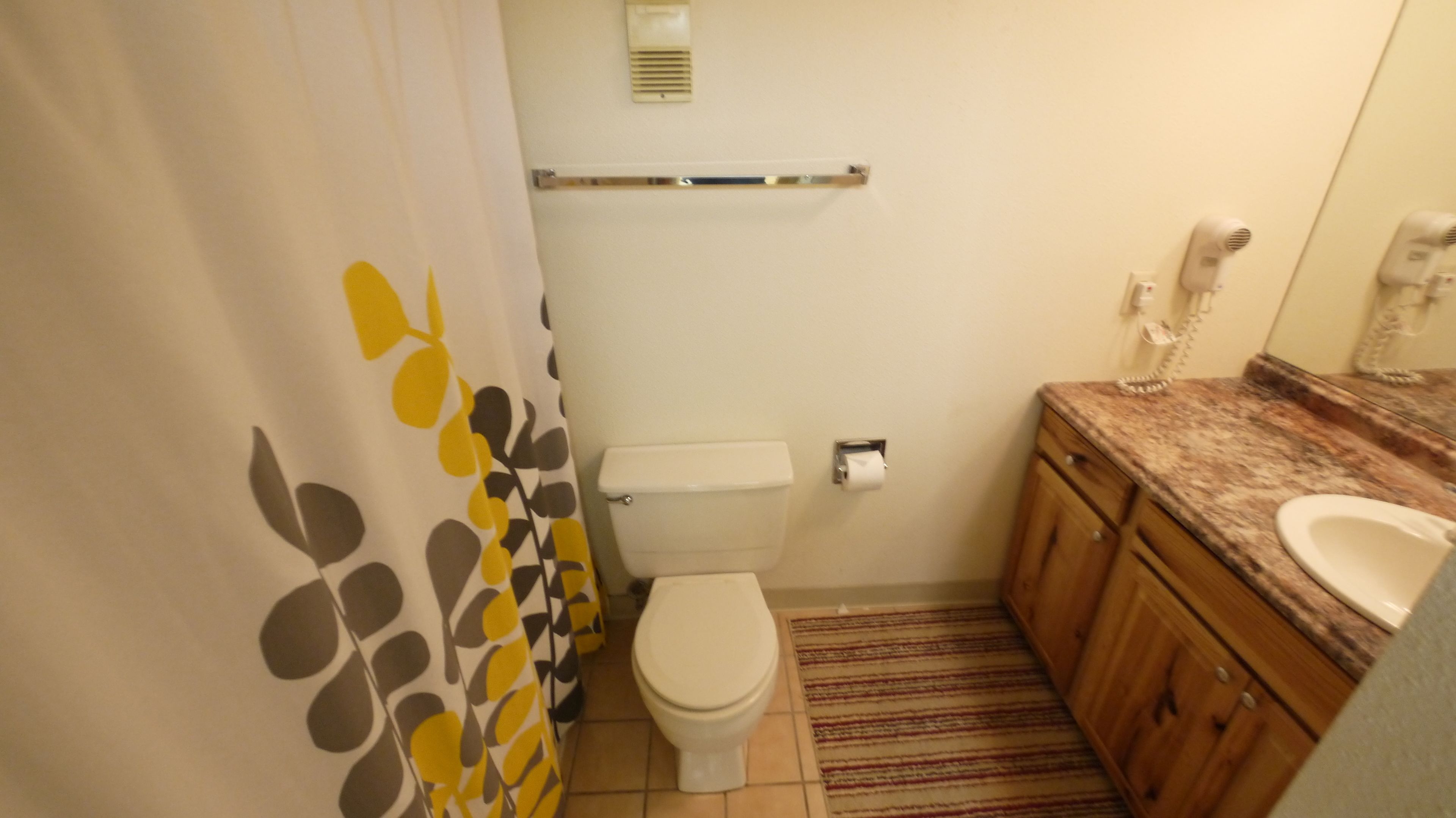 A small bathroom with a toilet, a sink, and a shower curtain with a leaf pattern.