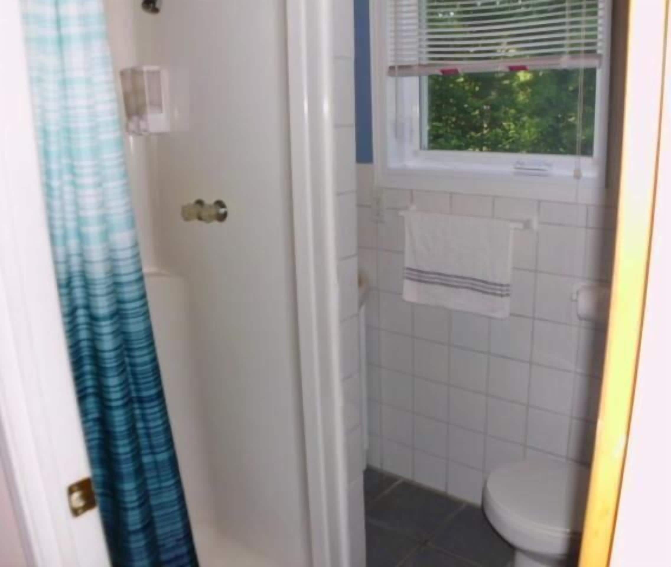 A bathroom with a shower, a toilet, and a window with blinds.