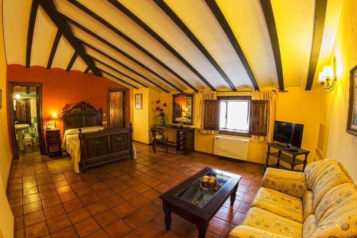 Een gezellige kamer met een bed, een bank, een televisie en een eettafel.