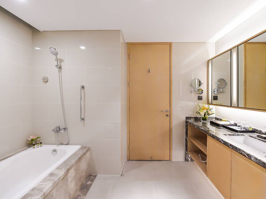 A modern bathroom with a bathtub, shower, vanity with a mirror, and a toilet.