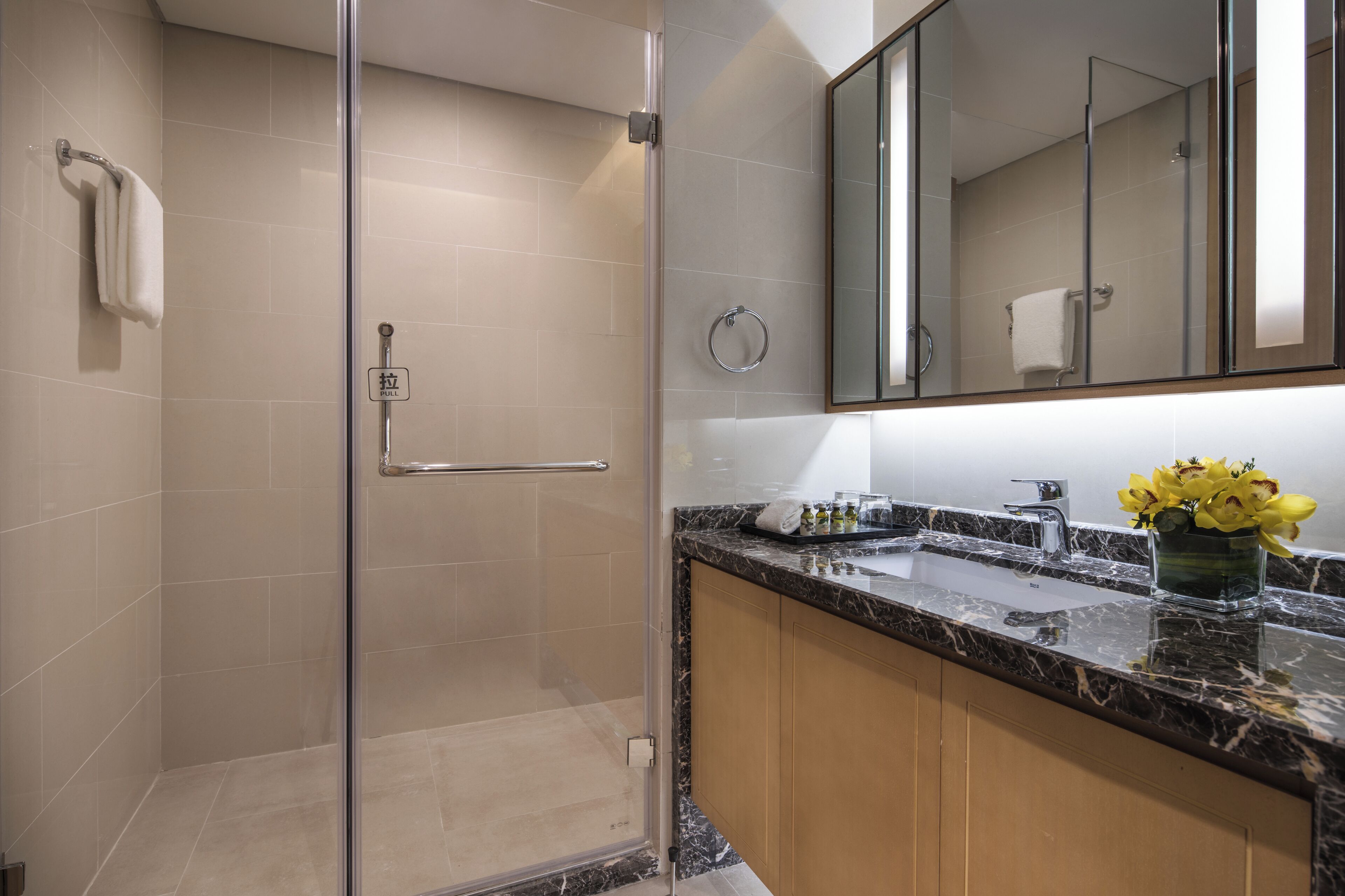 Un baño moderno con ducha de vidrio, lavamanos de mármol y un espejo sobre el mueble.
