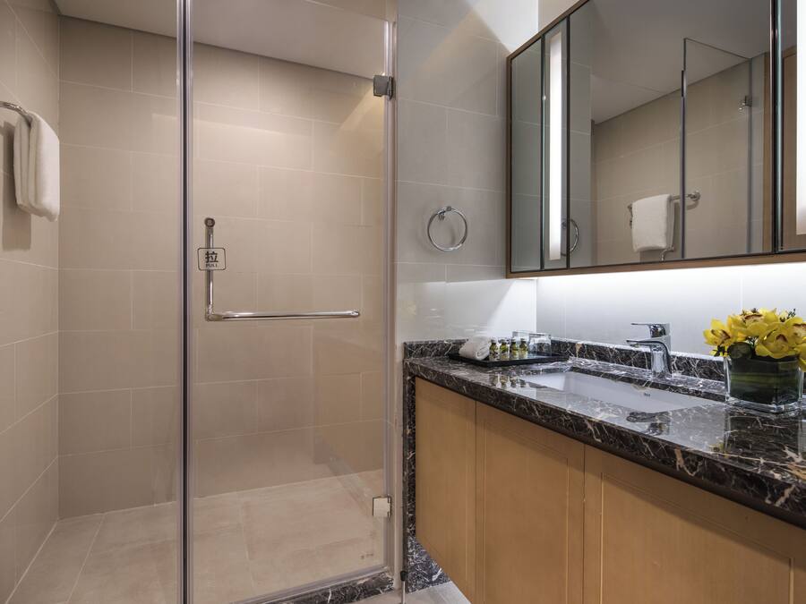 Un baño moderno con ducha de vidrio, lavamanos de mármol y un espejo sobre el mueble.