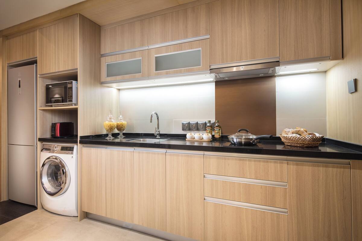 Fridge, electric kettle, cookware/dishes/utensils