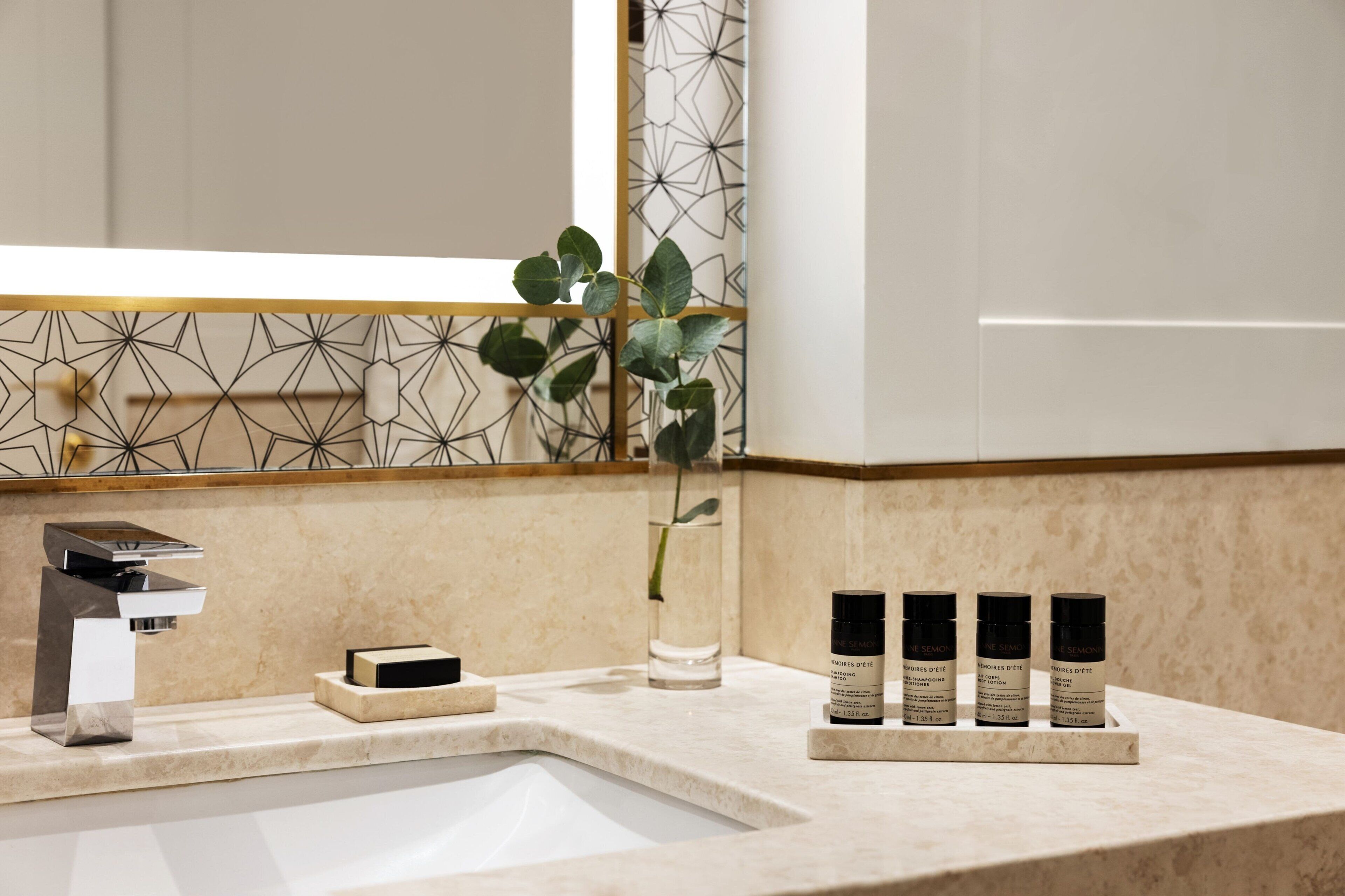 separate bathtub and shower, rainfall showerhead, designer toiletries