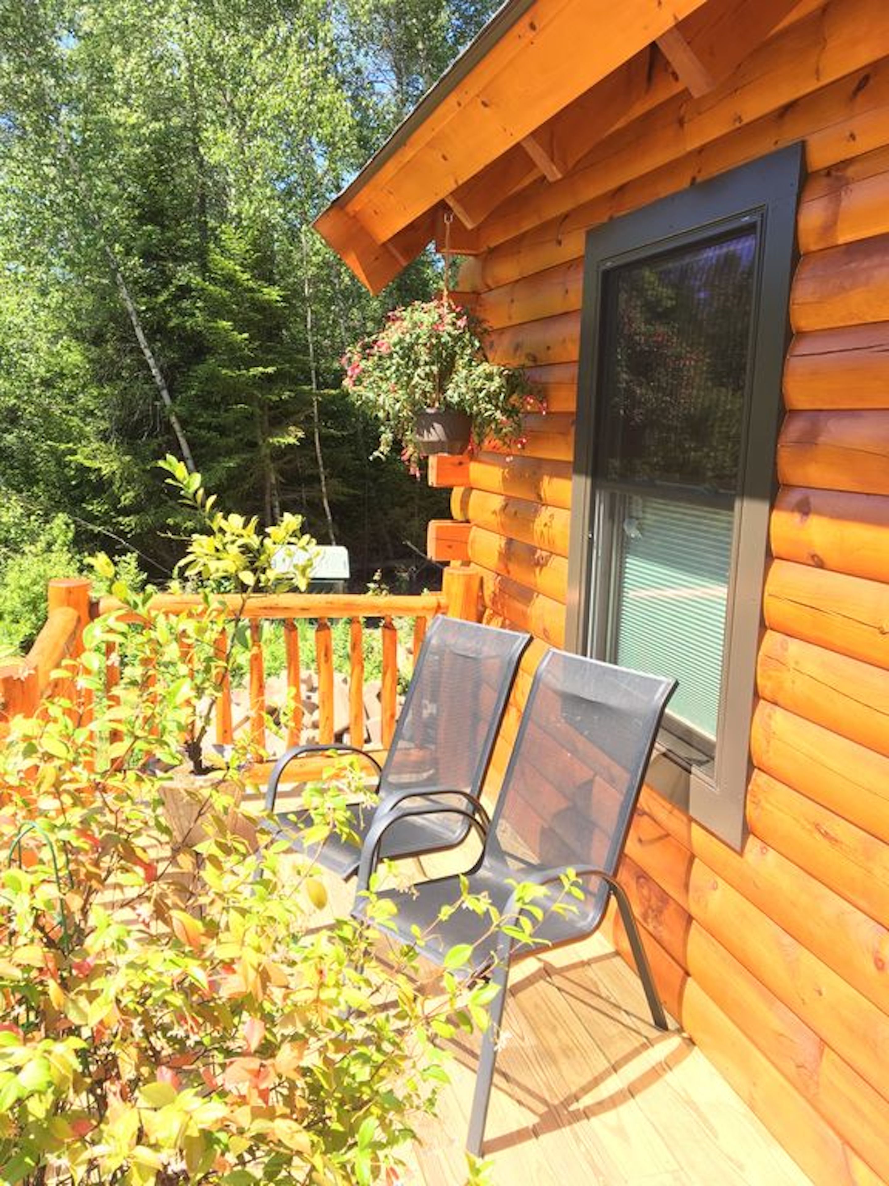 A wooden cabin with a deck, two chairs, and a window overlooking a forest.