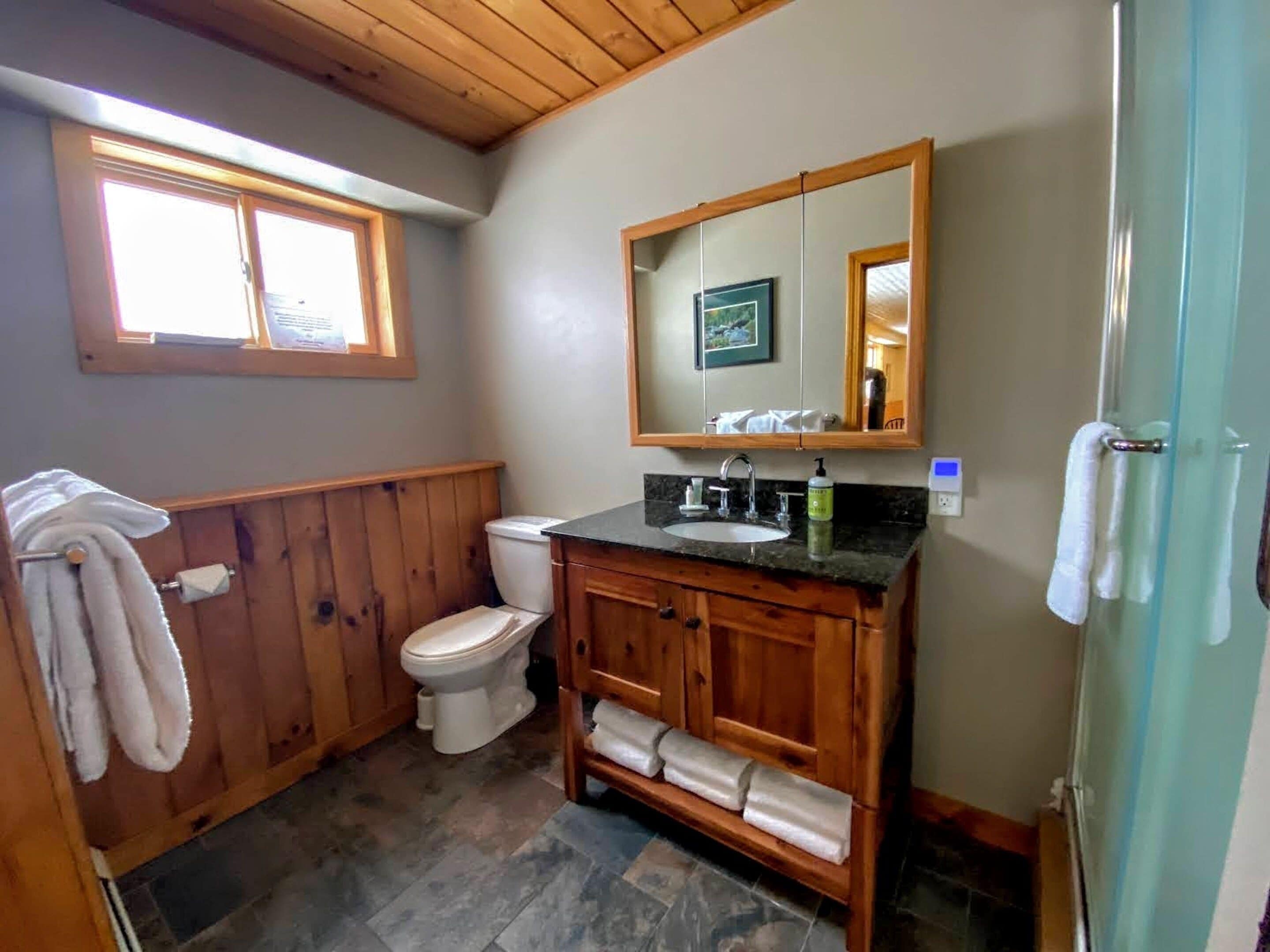 A bathroom with wooden paneling, a toilet, a sink with a mirror above, and a window providing natural light.
