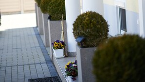 A covered outdoor area with a tiled roof, white columns, and neatly arranged potted plants. - Hotel Wendelstein (Wendelstein)