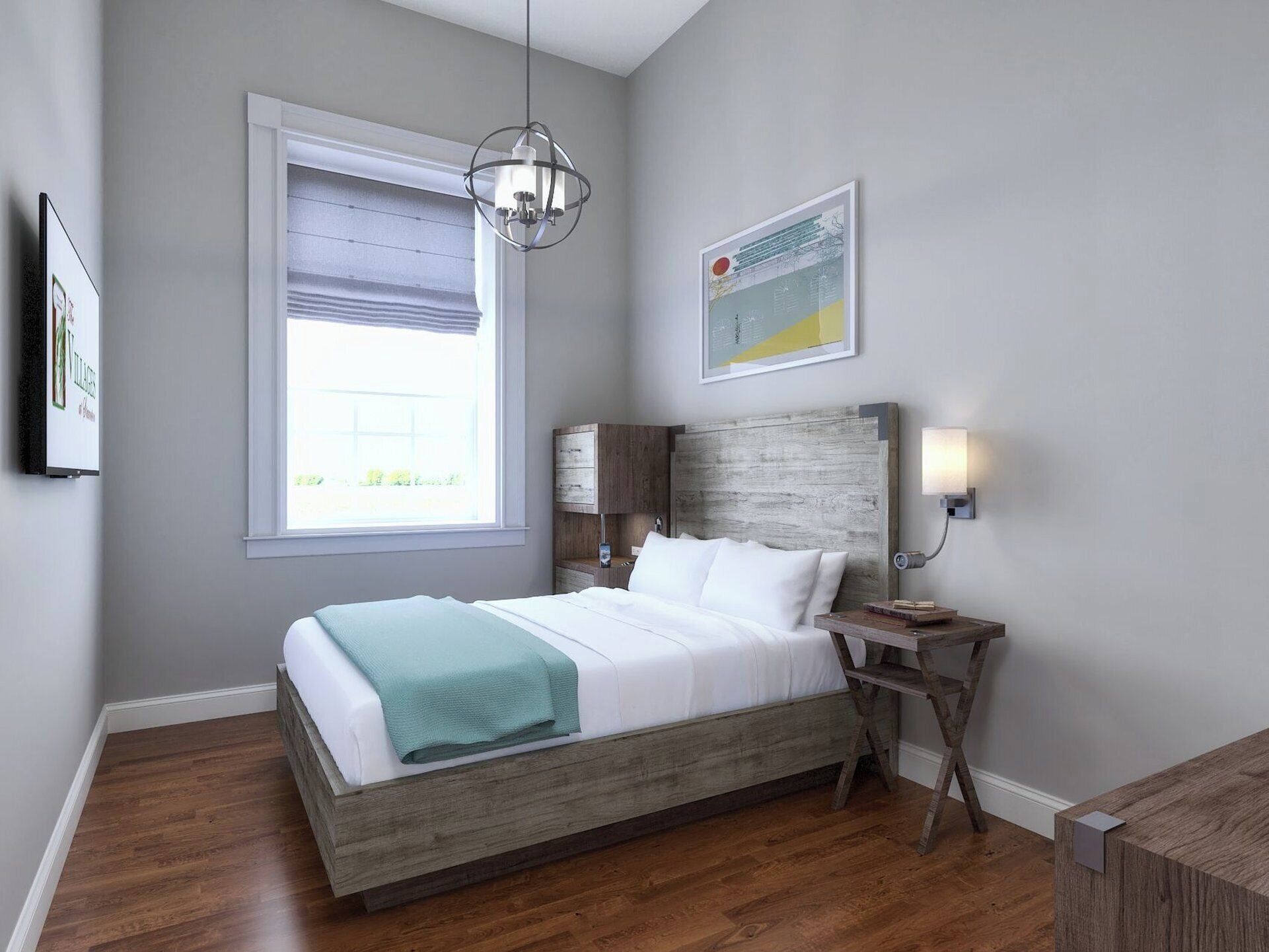 Een slaapkamer met een houten bed, een nachtkastje, een wandlamp, een raam met jaloezieën en een lijst met een afbeelding aan de muur.