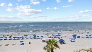 Una playa con numerosos paraguas azules y sillas de descanso, una palmera y el océano al fondo.