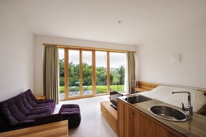 Standard-studio, 1 keskisuuri parisänky, patio, näköala laaksoon | Tallelokero huoneessa, työpöytä