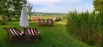 Ein grüner Außenbereich mit mehreren gestreiften Liegestühlen und einem weißen Sonnenschirm.