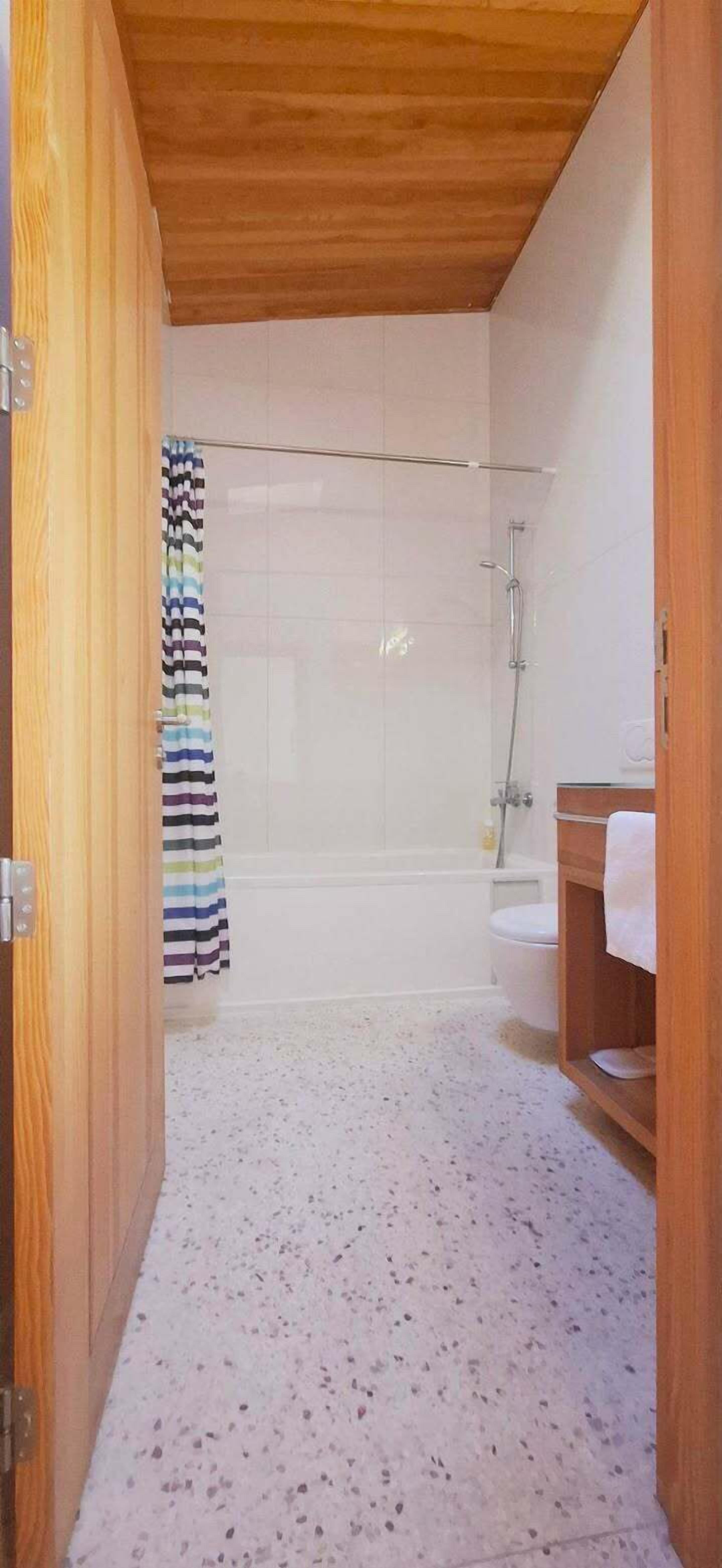 A bathroom with a shower, toilet, and wooden vanity.