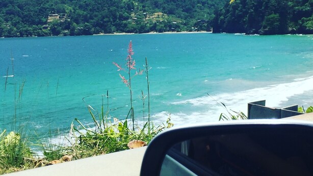 Vista costera con cielo despejado, playa y una ladera boscosa.