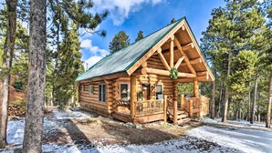 A log cabin with a porch, surrounded by trees and snow. - Remodeled Fairplay Log Cabin w/ Wood-Burning Sauna (Fairplay)