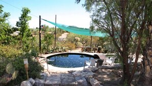 A circular pool surrounded by rocks and plants, with a wooden deck and chairs nearby. - Beautiful home with pool, private, close to UA & Downtown, arts. Great prices! (Tucson)