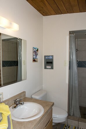 A bathroom with a sink, mirror, toilet, shower, and a control panel. - Beautiful home with pool, private, close to UA & Downtown, arts. Great prices! (Tucson)
