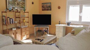 Un salon avec une télévision, une bibliothèque et une fenêtre.