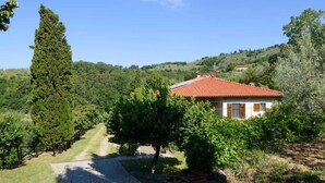 A house with a red-tiled roof, surrounded by lush greenery and a clear sky. - Apt. The Nabucco, Casa Lama Residence, 6/8 Persons, ideal for large families (Castelfranco di Sopra)
