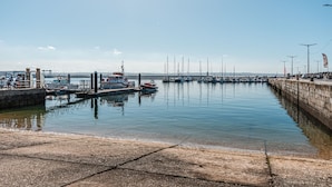 Een jachthaven met aangemeerde boten, een steiger en een heldere lucht.