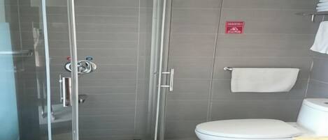 A modern bathroom with a glass-enclosed shower, a toilet, and a towel rack.