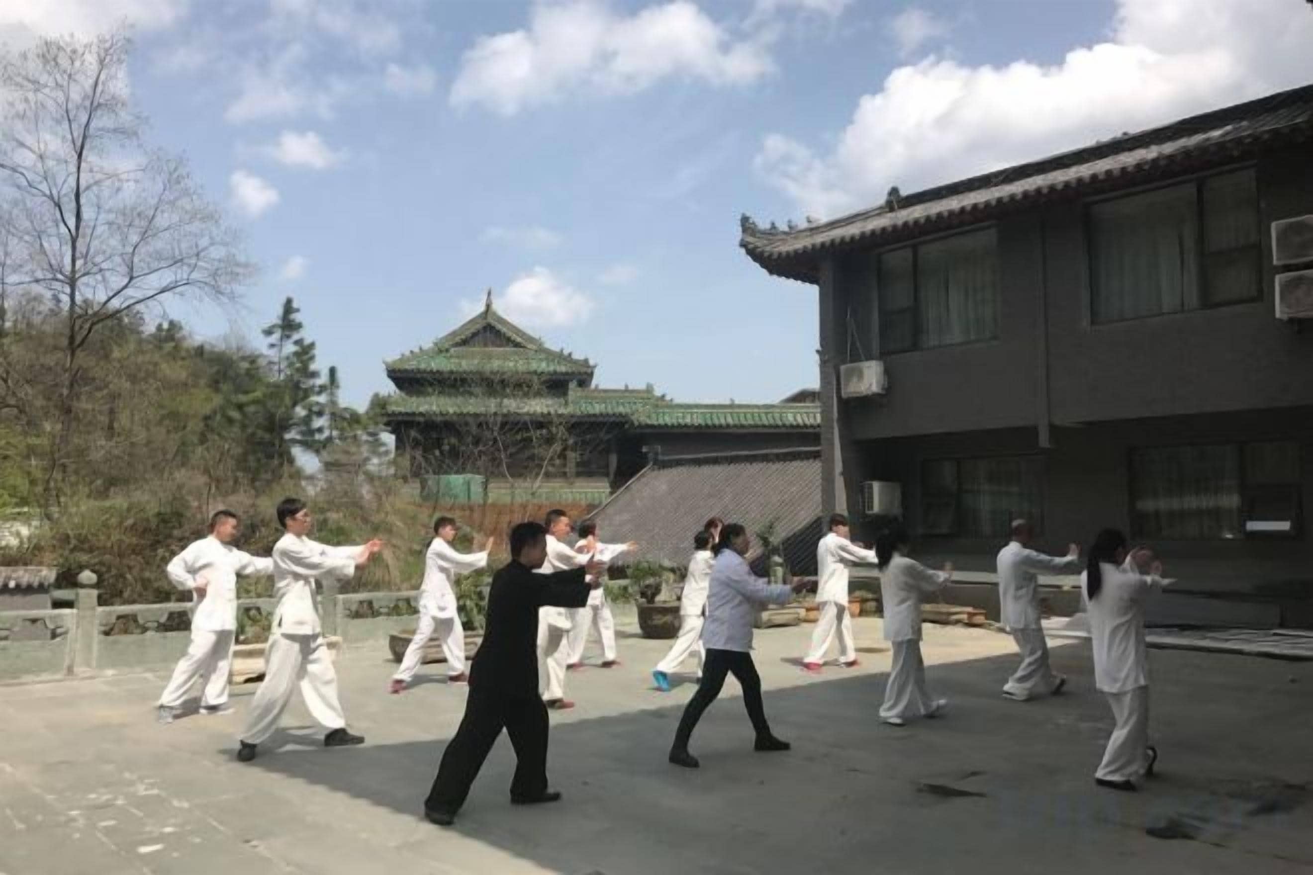 A group of people practicing martial arts outdoors with traditional architecture in the background.