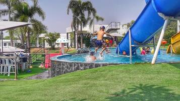 A swimming pool area with a slide, palm trees, and a grassy area.