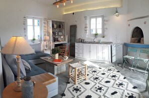 TV, fireplace, books, stereo