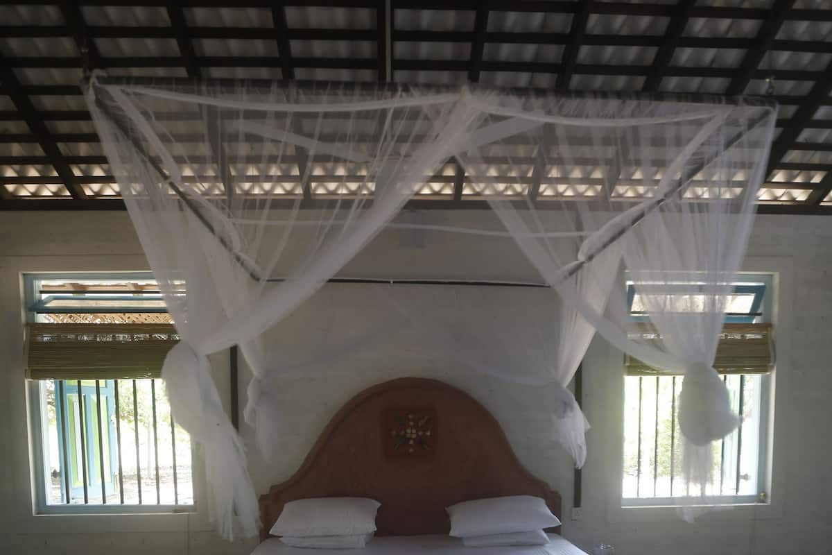 A bed with a canopy, a wooden headboard, and a window with bars.