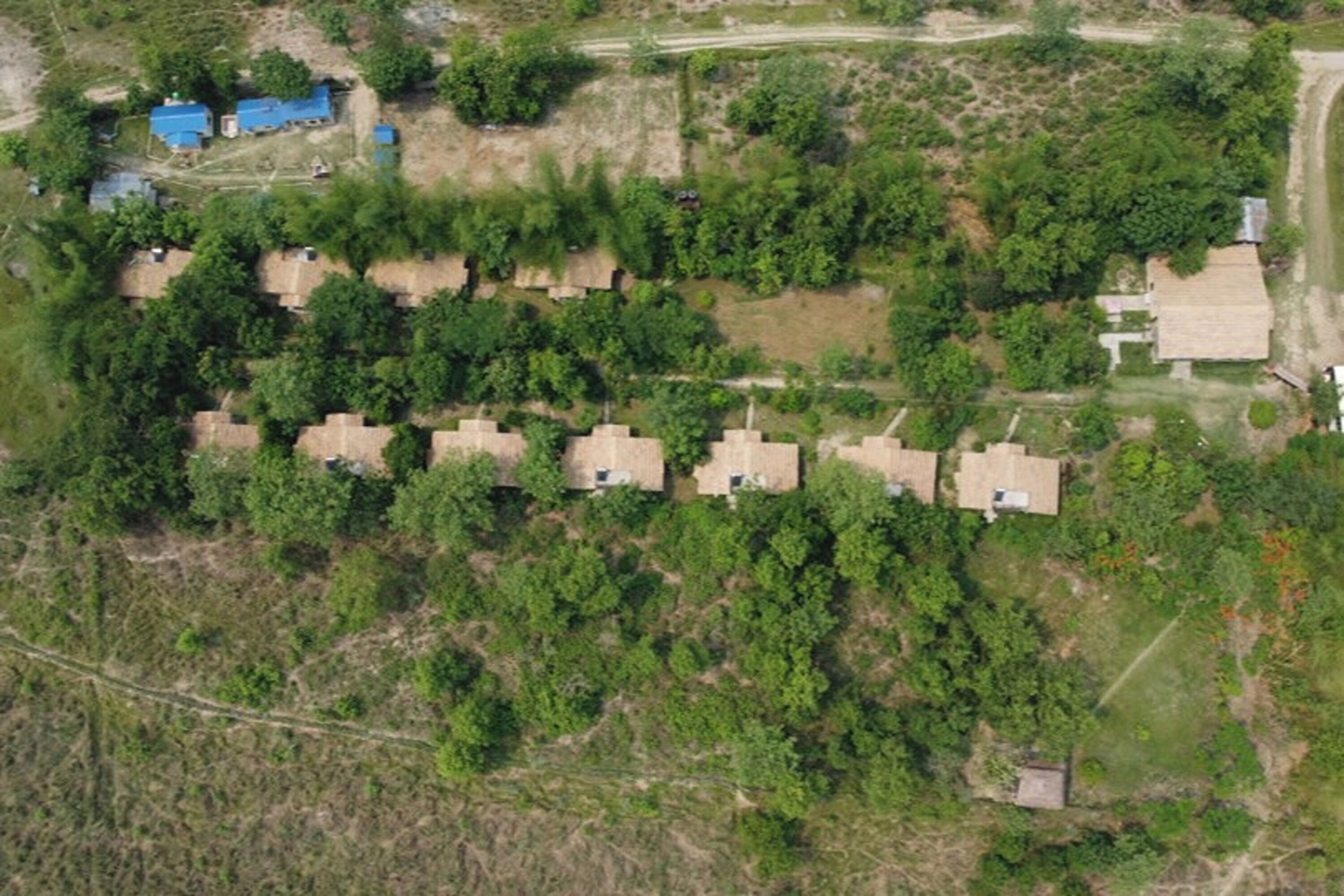 An aerial view of a residential area with multiple houses, surrounded by dense greenery.