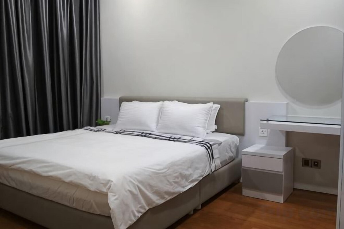 2 bedrooms, desk, blackout drapes, iron/ironing board