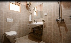 Une petite salle de bain avec des toilettes, un lavabo et une douche.