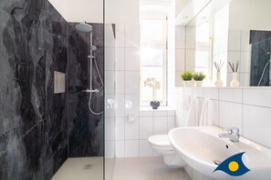 Shower, hair dryer, towels