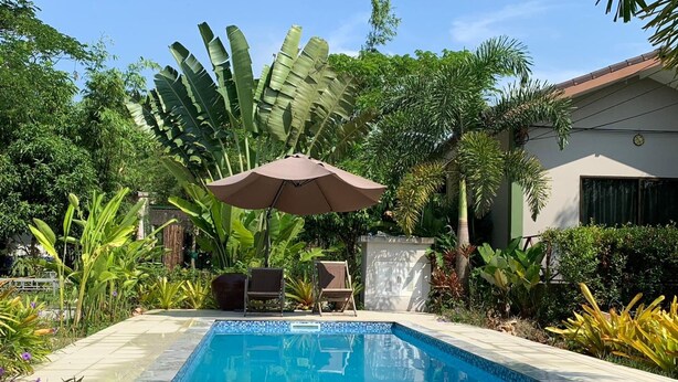 A rectangular swimming pool with a tiled edge, surrounded by lush greenery and a palm tree. - Long Lake Resort (Si Racha)