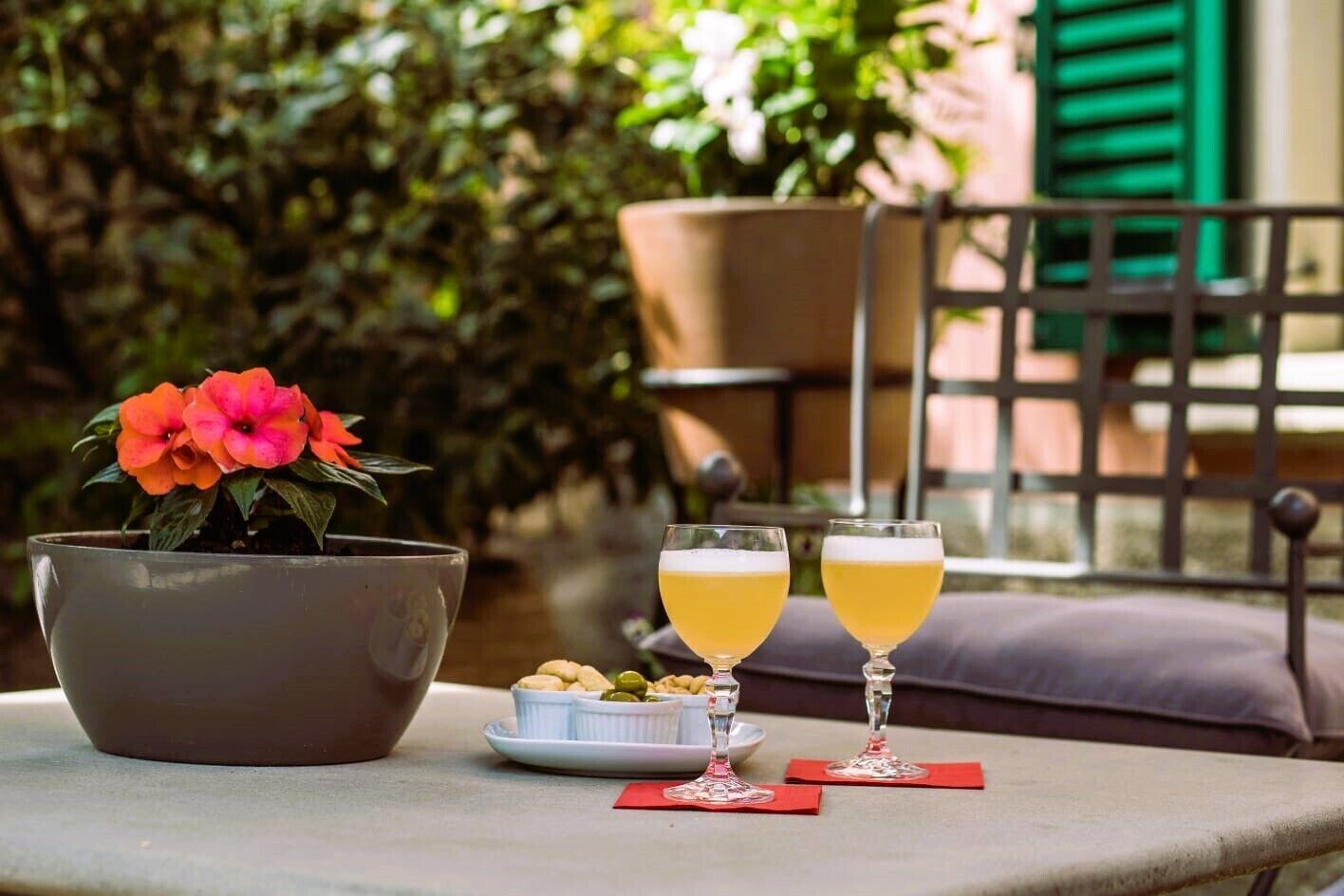 A table with two glasses of beer, a bowl of snacks, and a potted plant with flowers.