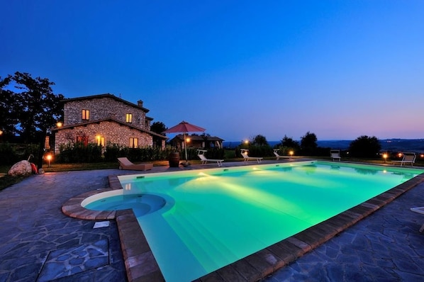 Seasonal outdoor pool, pool umbrellas, pool loungers